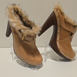 BCBGeneration Tan Fur-Trimmed Mules with Gold Accents